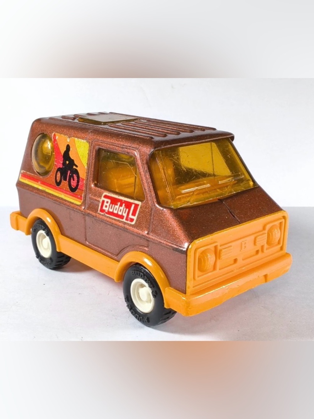 Vintage Buddy L Groovy Motorcycle Van Pressed Steel Brown Orange Japan 1970s